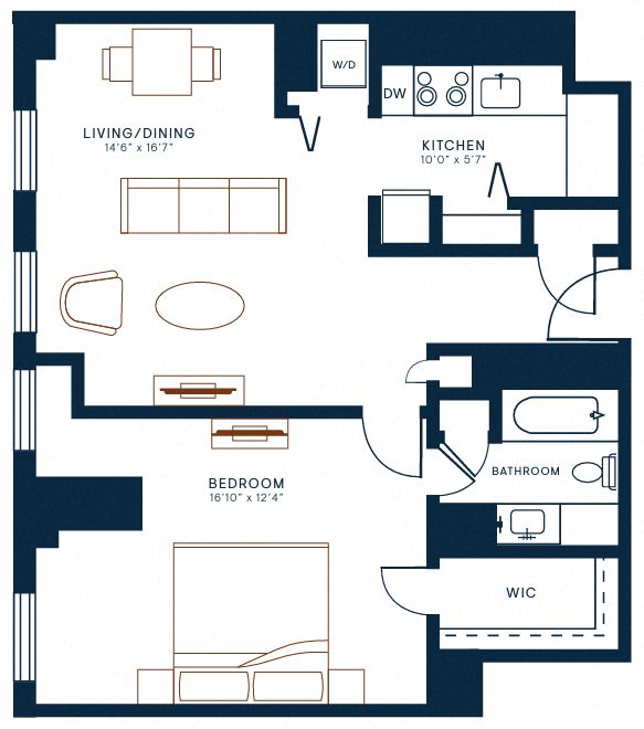 Floor plan for 1 bed, 1 bath, 776 sqft